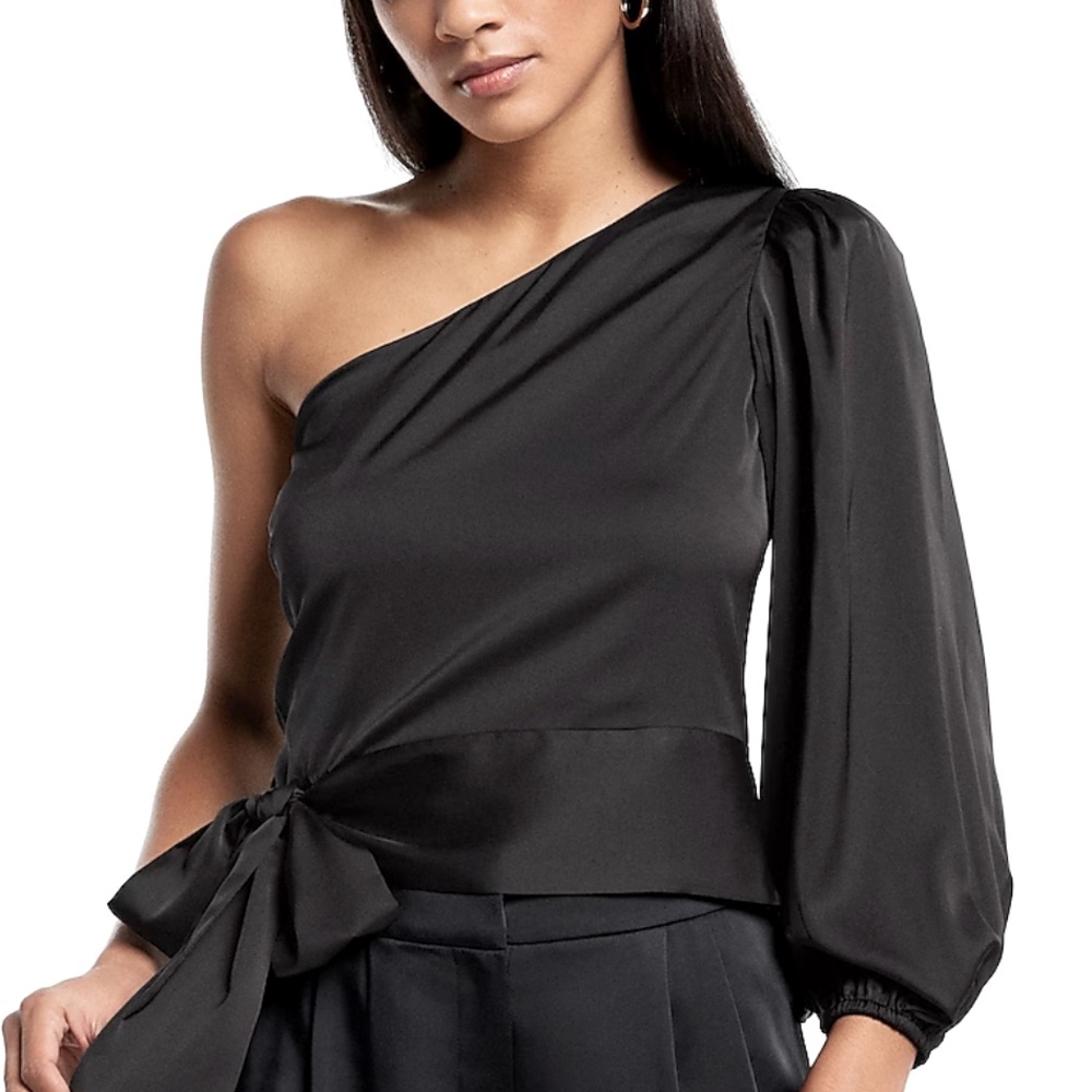 NWT Express Satin One Shoulder Long Puff Sleeve, hidden side zip, side tie